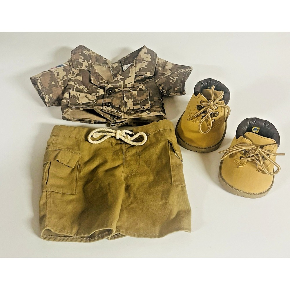 Build A Bear Workshop Outfit Fatigues Tan Camo Military Shorts‎ Shirt Boots